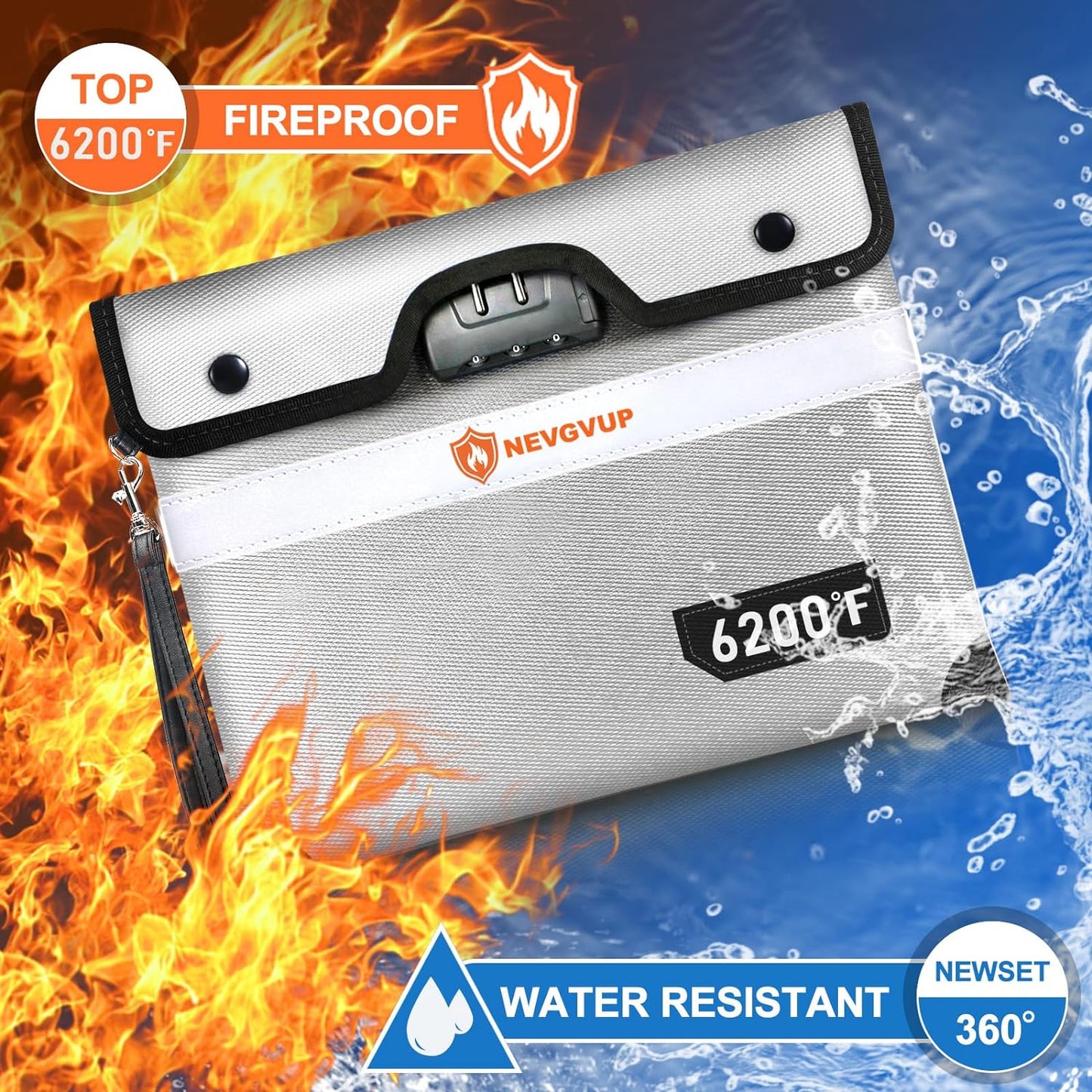 Upgraded 6200°F Fireproof Money Bag with Lock, Fireproof Bag w. Zipper/Reflective Strip, 9 Layers of Heat Insulated Material, Water Resistant Fire Proof Money Bag for Cash, Fire Bag for A5 documents