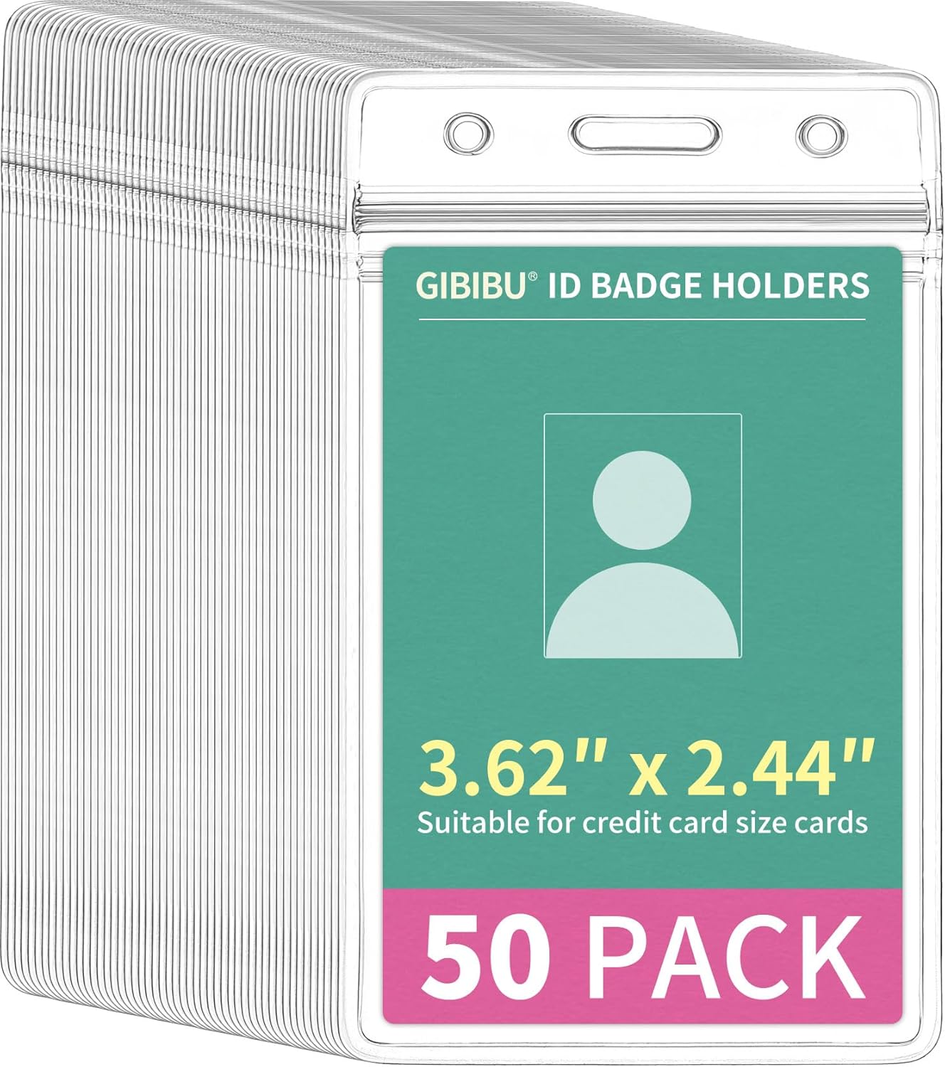 50 Pcs Vertical ID Badge Holder, Clear Plastic Card Sleeve, Nurses Work Name Tag Holders, Key Cover Protector with Waterproof Zip for Lanyard, Fits Credit Size Cards