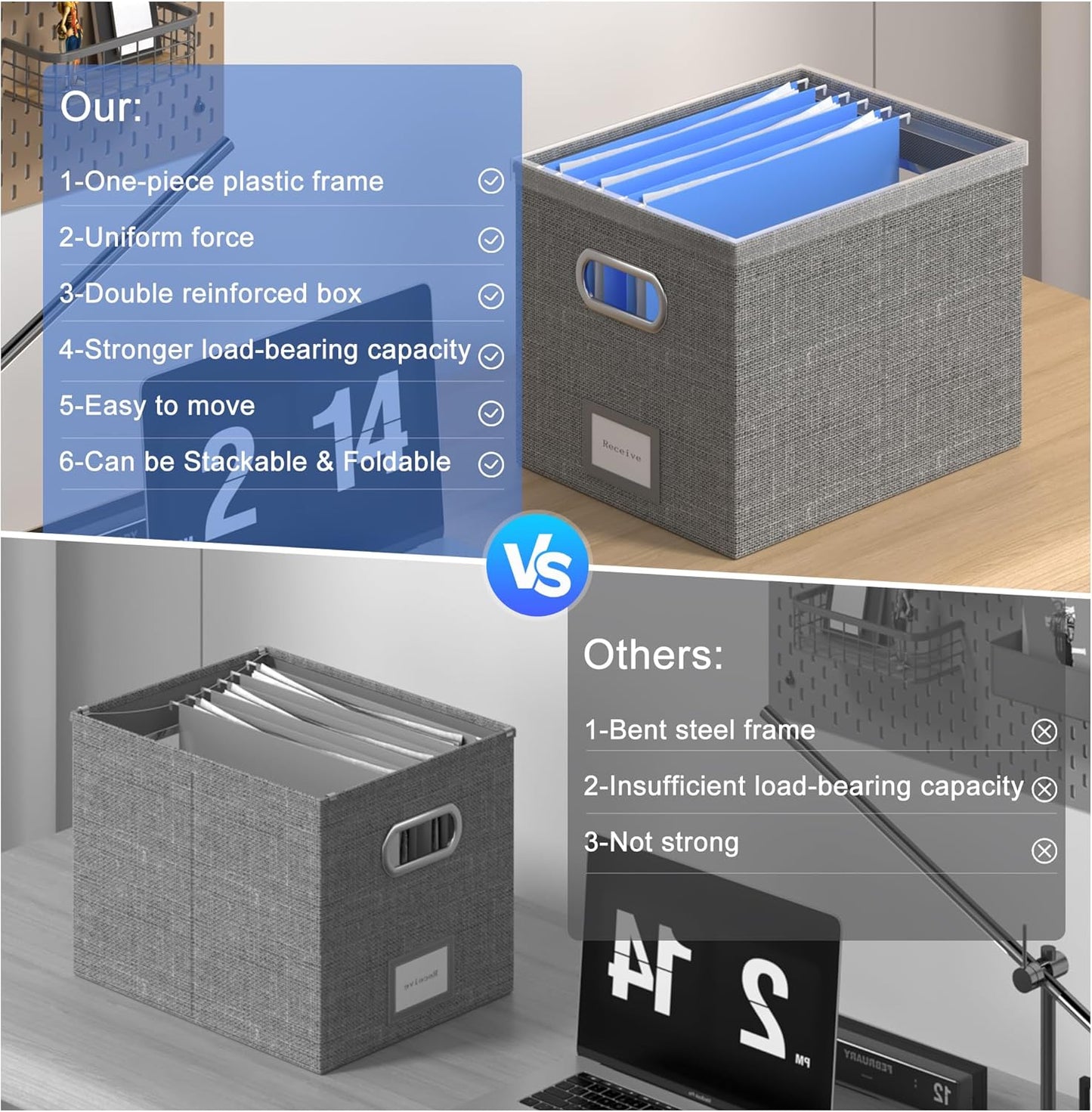 File Organizer Box File Boxes for Hanging Files with Lid Set of 3 Decorative Hanging Folders Letter Size Organizer with One-Piece Plastic Frame Slides (13.2 * 10.1 * 10.1in(3Pack), Grey)