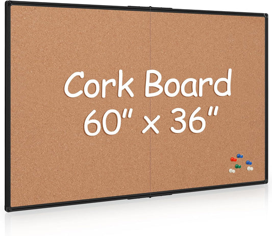 Board2by Extra Large Cork Bulletin Board 60" X 36", Foldable Notice Pin Board for Wall, Black Aluminum Framed 5'x3' Corkboard, Wall Mounted Noticeboard with 36 Push Pins for School, Home & Office