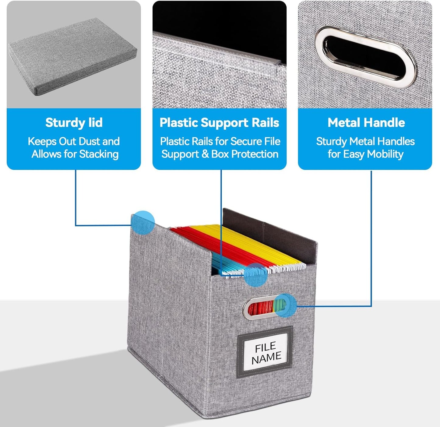 2 Pack Hanging File Folders Organizer with Lid, Letter Size Fabric File Storage Box Collapsible, Portable Office Document Holder with Metal Handle, Smooth PVC Rails, Gray