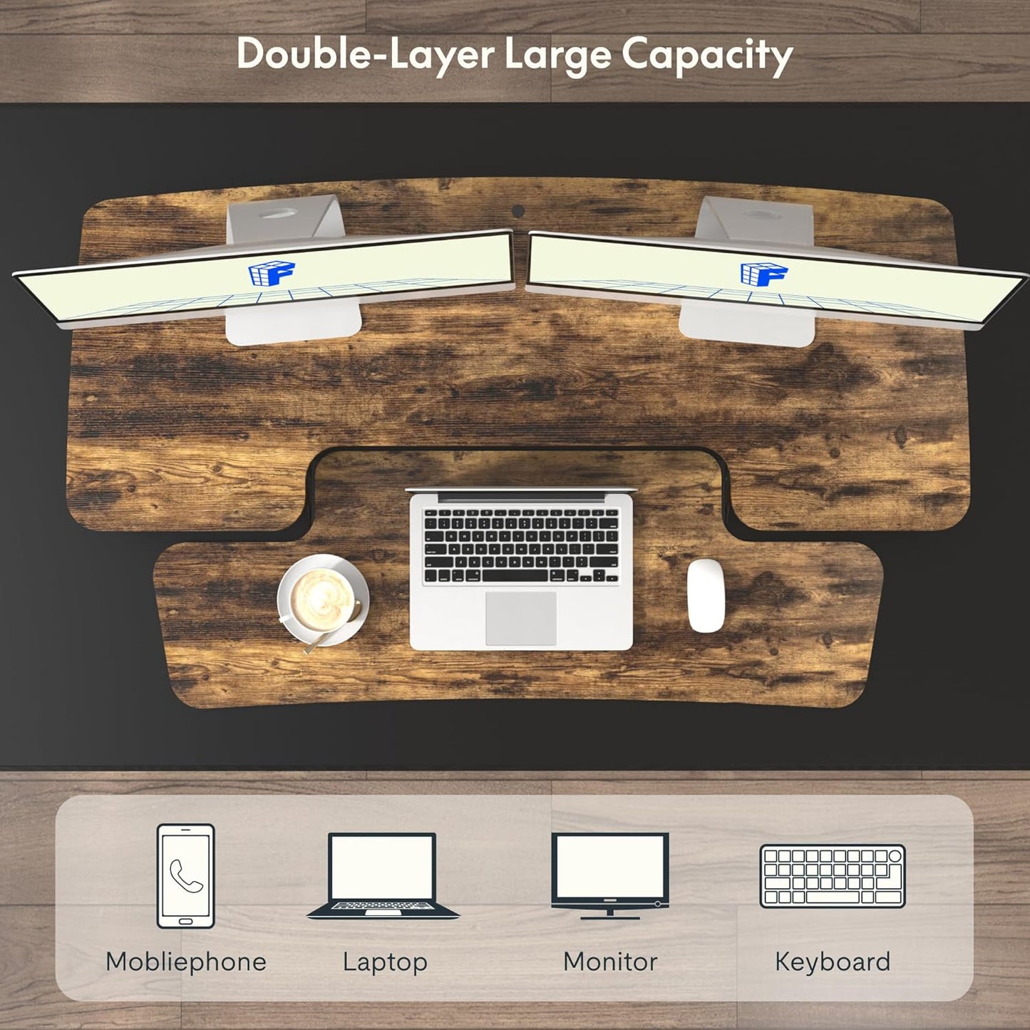 FLXISPOT 42-inch Standing Desk Converter, Sit to Stand Dual Monitor and Laptop Workstation with Wide Keyboard Tray, Rustic Color