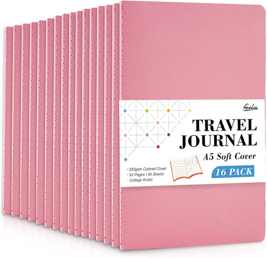 feela 16 Pack Soft Cover Journal Bulk, Lined Notebooks College Ruled for Work for Women Girl Writing, Blank Travel Journal Note Taking Notebook School Business Supplies, 8.2” x 5.5”, A5, Pink