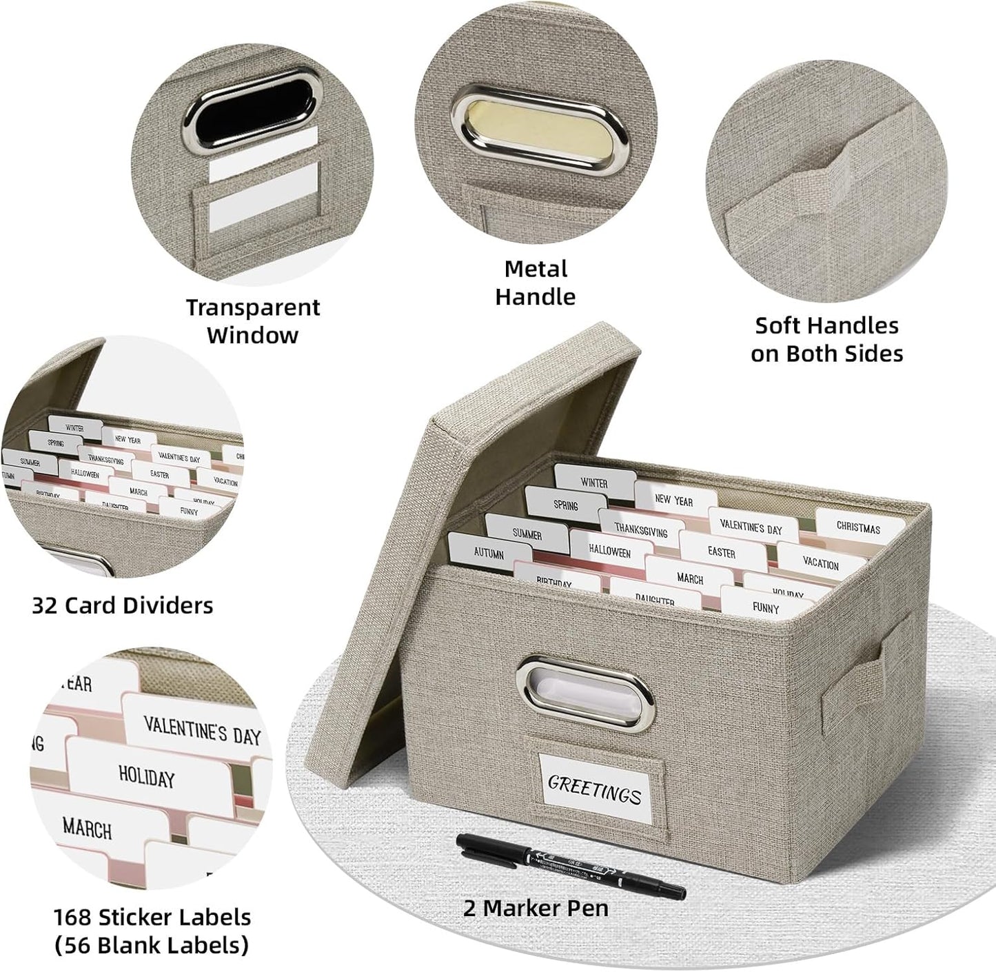 Greeting Card Storage Box, Linen Storage Box with 32 Adjustable Dividers, 168 Labels, 2 Marker Pen, Perfect for Organizing Greeting Cards, Envelopes, Photos 2 Pack Beige