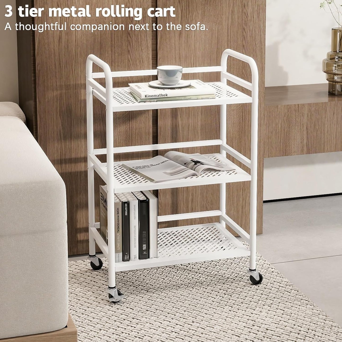 HDANI 3 Tier Rolling Cart,Heavy Duty Multifunctional Metal Frame-Supports 22 Lbs Per Tier,Rolling Cart with 2 Lockable Wheels for Office,Home,Bedroom,Kitchen,Bathroom (White)…