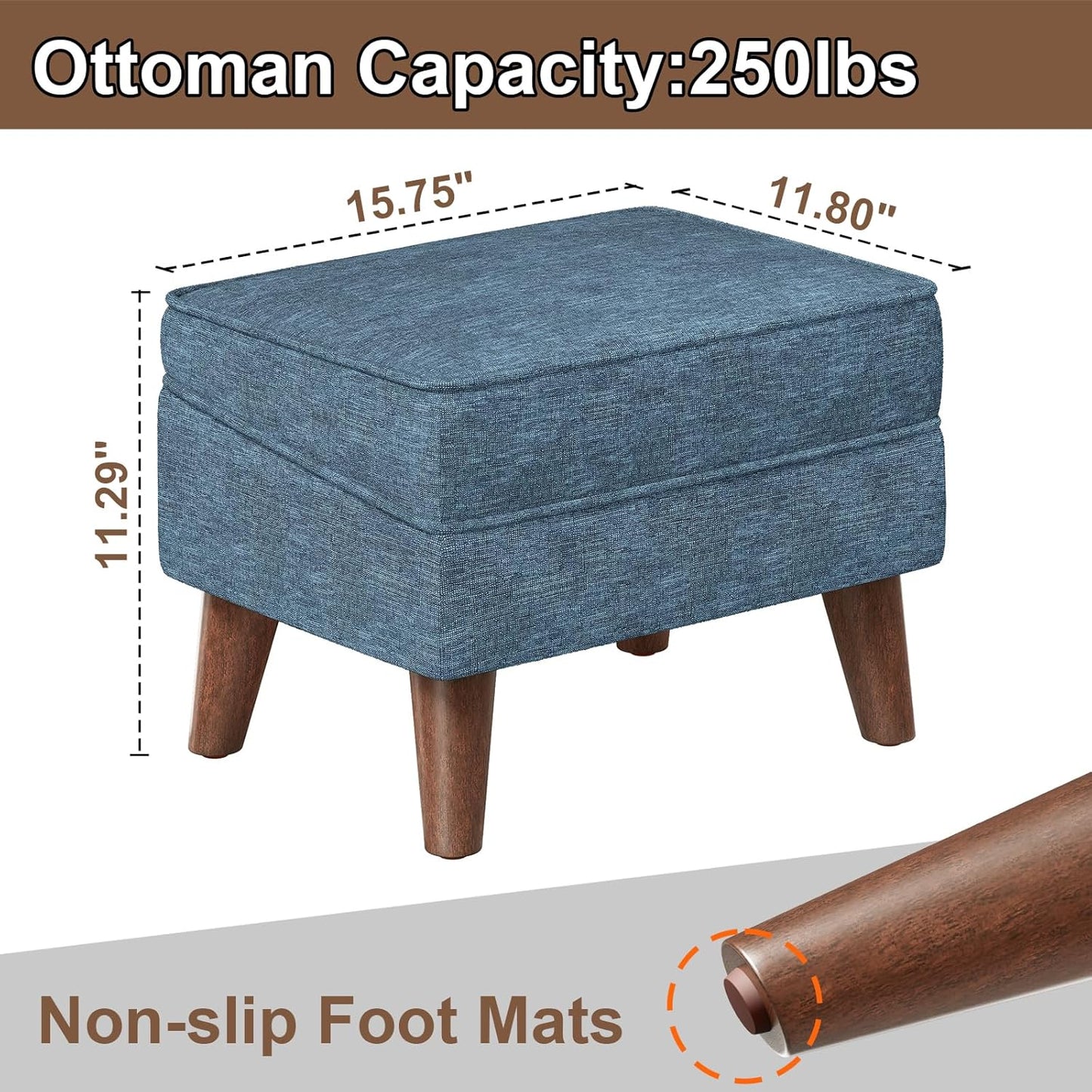 Small Footstool Ottoman with Storage, Ottoman Foot Rest, Modern Foot Stool with Adjustable Lid and Sturdy Wood Legs for Living Room, Bedroom, Couch, Enterway, Blue
