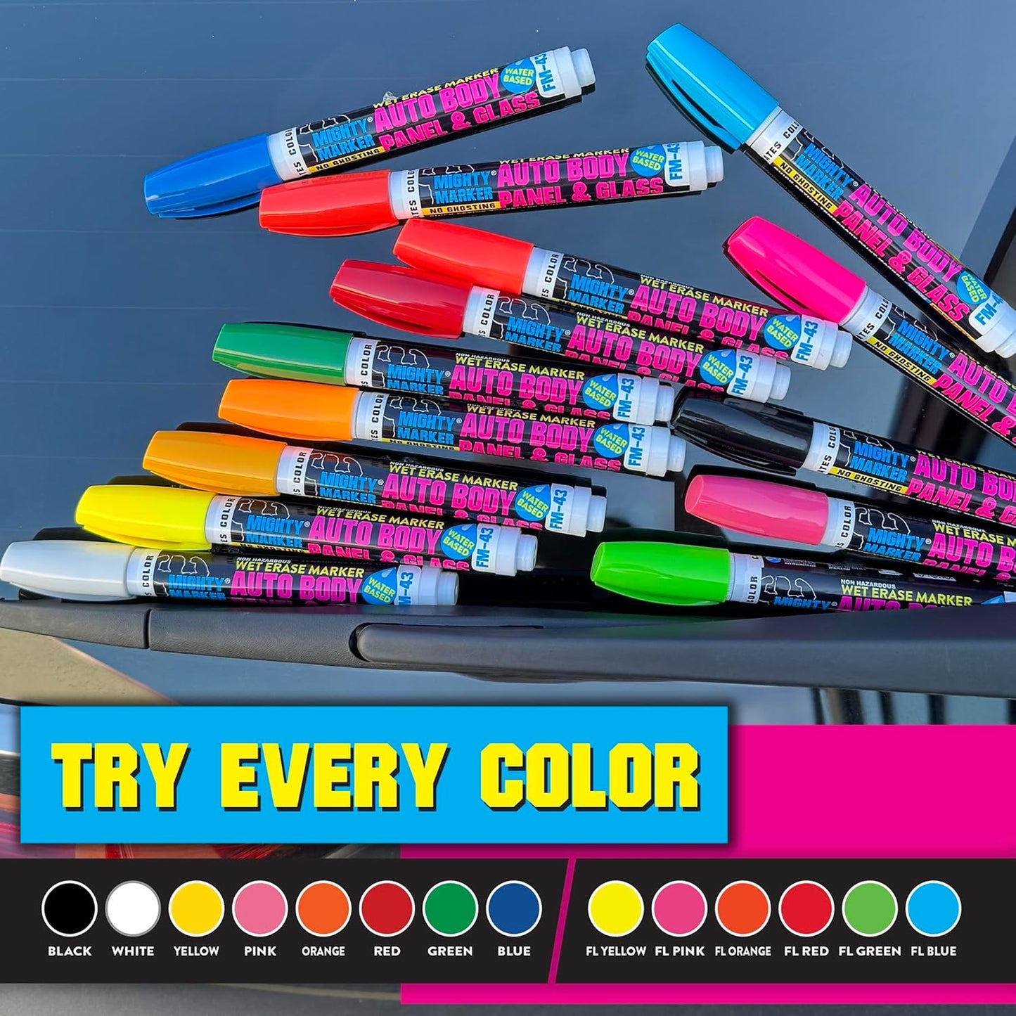 FM-43 Auto Body and Glass Paint Marker, No-Ghost, Highly Water-Resistant, 2.3mm Bullet Tip, Valve Action, 6 Bonus Reversible Tips, Made in USA - Yellow 6 Pack