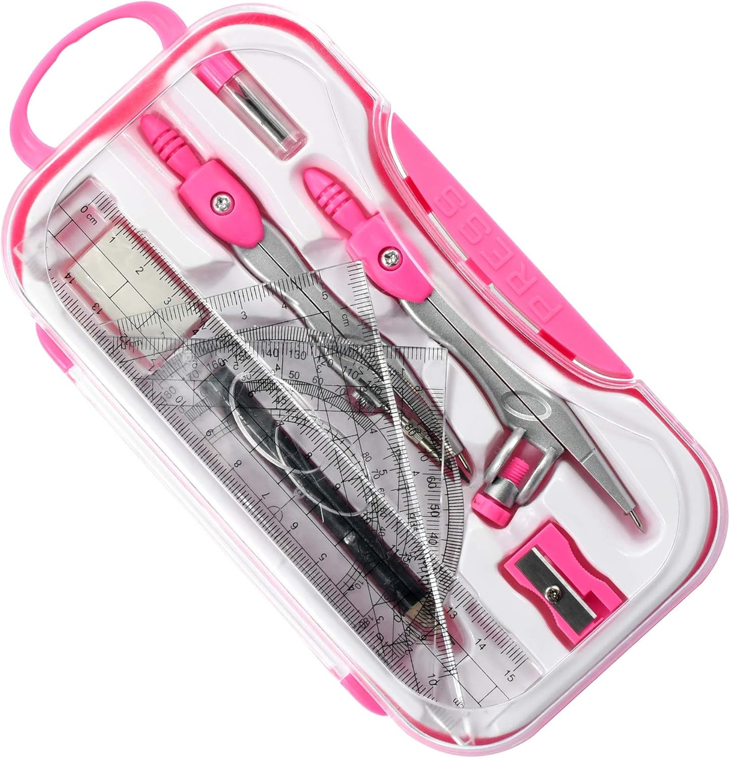 Math Geometry Kit Sets 10 Piece Student Supplies with Shatterproof Storage Box,Includes Rulers,Protractor,Compass,Eraser,Pencil Sharpener,Lead Refills,Pencil,for Drafting and Drawings（Pink）