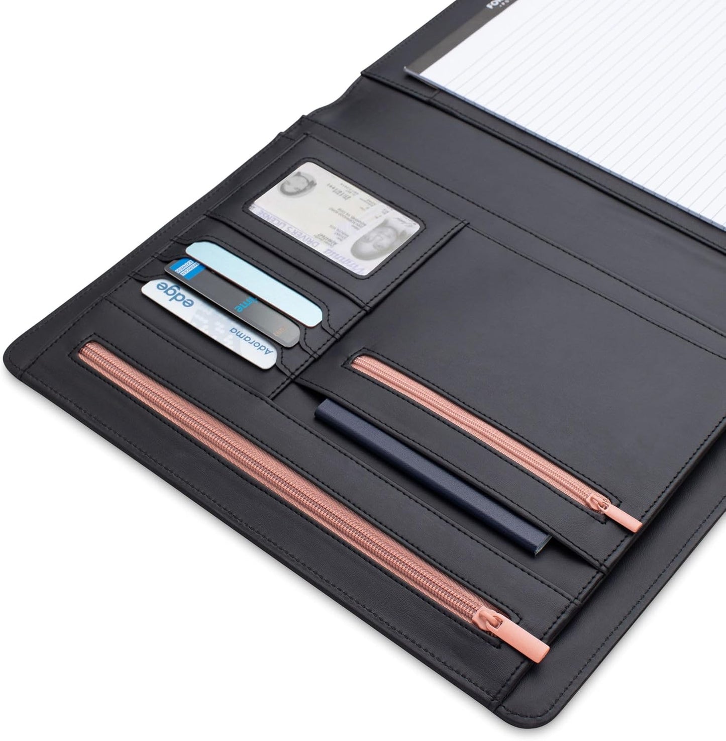 Padfolio Binder Organizer for Women | Faux Leather Portfolio Folder for Resume, Documents, Notebook, Tablet and Business Cards | Notepad Included - Black