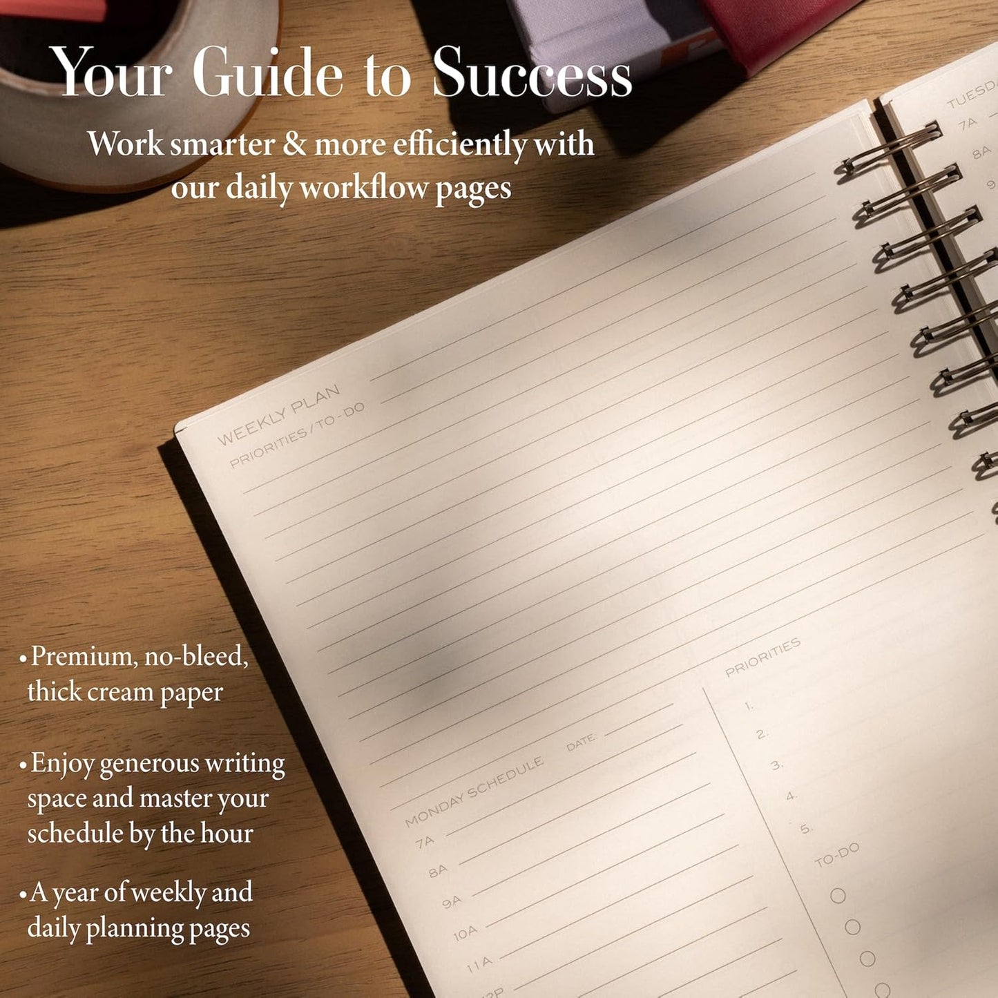 Anecdote 2025 Planner (8.5" x 10") Daily Planner Weekly Monthly Planner - 52 Weeks w/Library Buckram Cover, Brass Spiral - A4 Size Bleed-Resistant Paper – Mustard