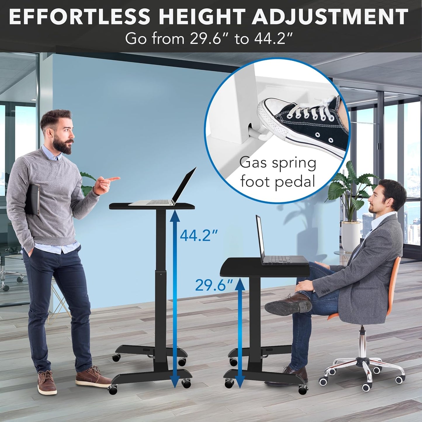 Mount-It! Rolling Laptop Desk Adjustable Height (29.6”-44.2”), Mobile Workstation Cart with 23.6” x 20.5” Desktop, Small Sit-Stand Desk for Home, Office, or Classroom in Black
