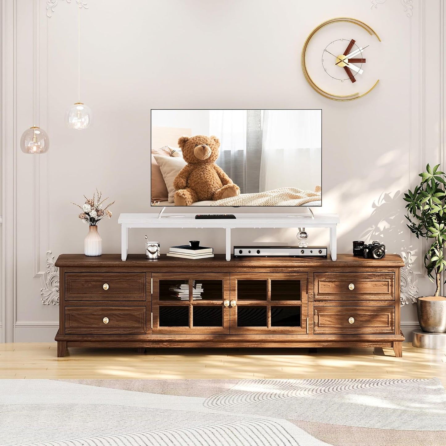 Clikuutory 45" Large TV Riser for 32-60 inch TVs, Tabletop Stand with Steel Legs, Storage & Dual - Screen Office Desk Function, Ideal for Home Office, Bedroom, Living Room, White