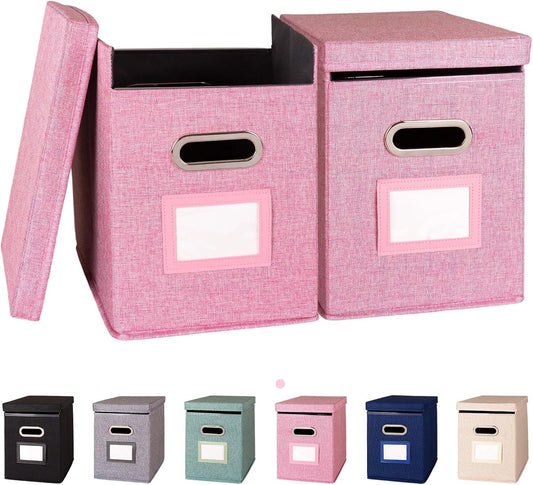 2 Pack Hanging File Folders Organizer with Lid, Letter Size Fabric File Storage Box Collapsible, Portable Office Document Holder with Metal Handle, Smooth PVC Rails, Pink