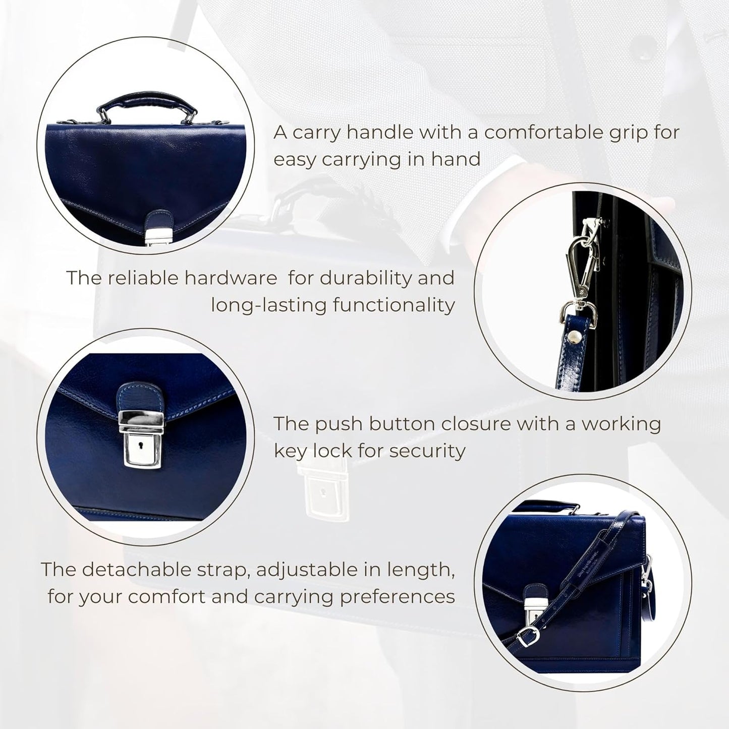 Time Resistance Leather Briefcase for Men - Business Laptop Bag - Italian Handmade Leather Bag - Attache - Gift Box Included