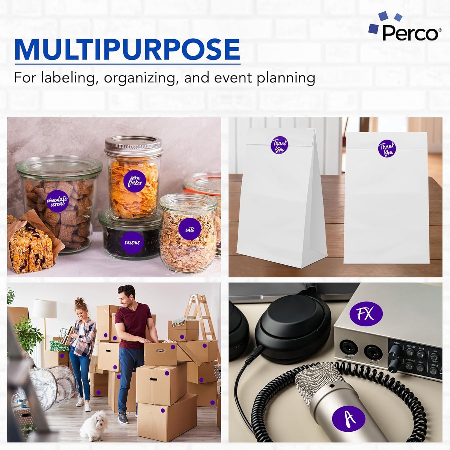 Perco Purple 2-Inch Round Circle Dot Sticker Labels with Easy Peel Perforation - 500 Labels per Roll - Strong Adhesion, Vibrant Colors for Organizing, Crafting & More - Made in USA