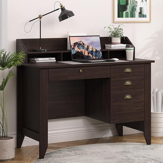 4 EVER WINNER Small Desk with Drawers, Office Desk with File Drawer and Monitor Stand, Writing Desk Study Table for Small Spaces, Espresso
