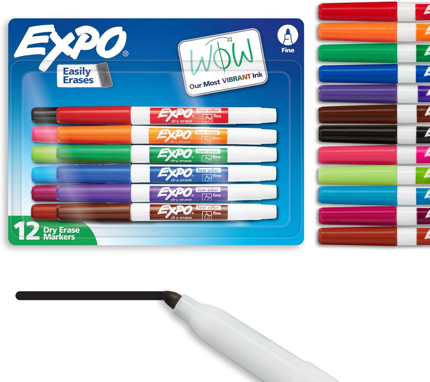 EXPO Low Odor Dry Erase Markers Fine Tip Assorted Colors 12 Count