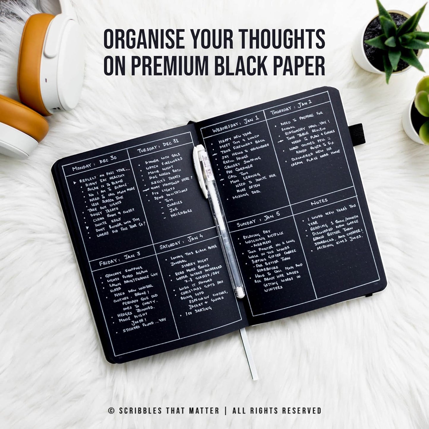 Black Paper Bullet Dotted Journal Notebook | B5 Starry Night by Scribbles That Matter | Free white gel pen | 160gsm Blackout no-bleed dot grid paper | For Men and Women | 7 x 10 in | Black