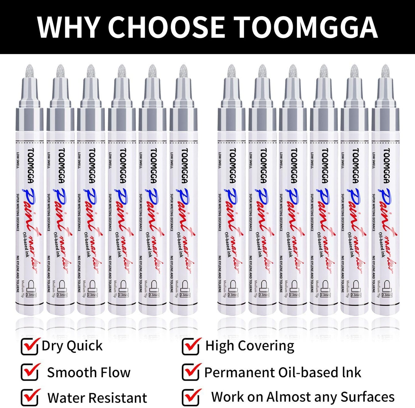 Silver Paint Pens Paint Markers - 12 Pack Permanent Markers Oil Based for Metal Wood, Pens for Metal, Car Tyre, Wood, Plastic, Rock Painting, Glass, Craft Supplies, Waterproof