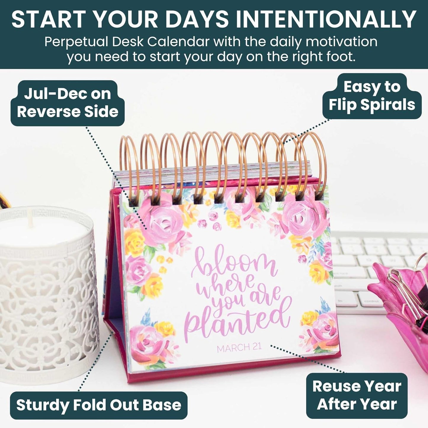 bloom daily planners Undated Perpetual Desk Easel with Motivational Quotes - Inspirational Standing Flip Calendar for Women - Page A Day (5.25" x 5.5") - Hand-Lettered