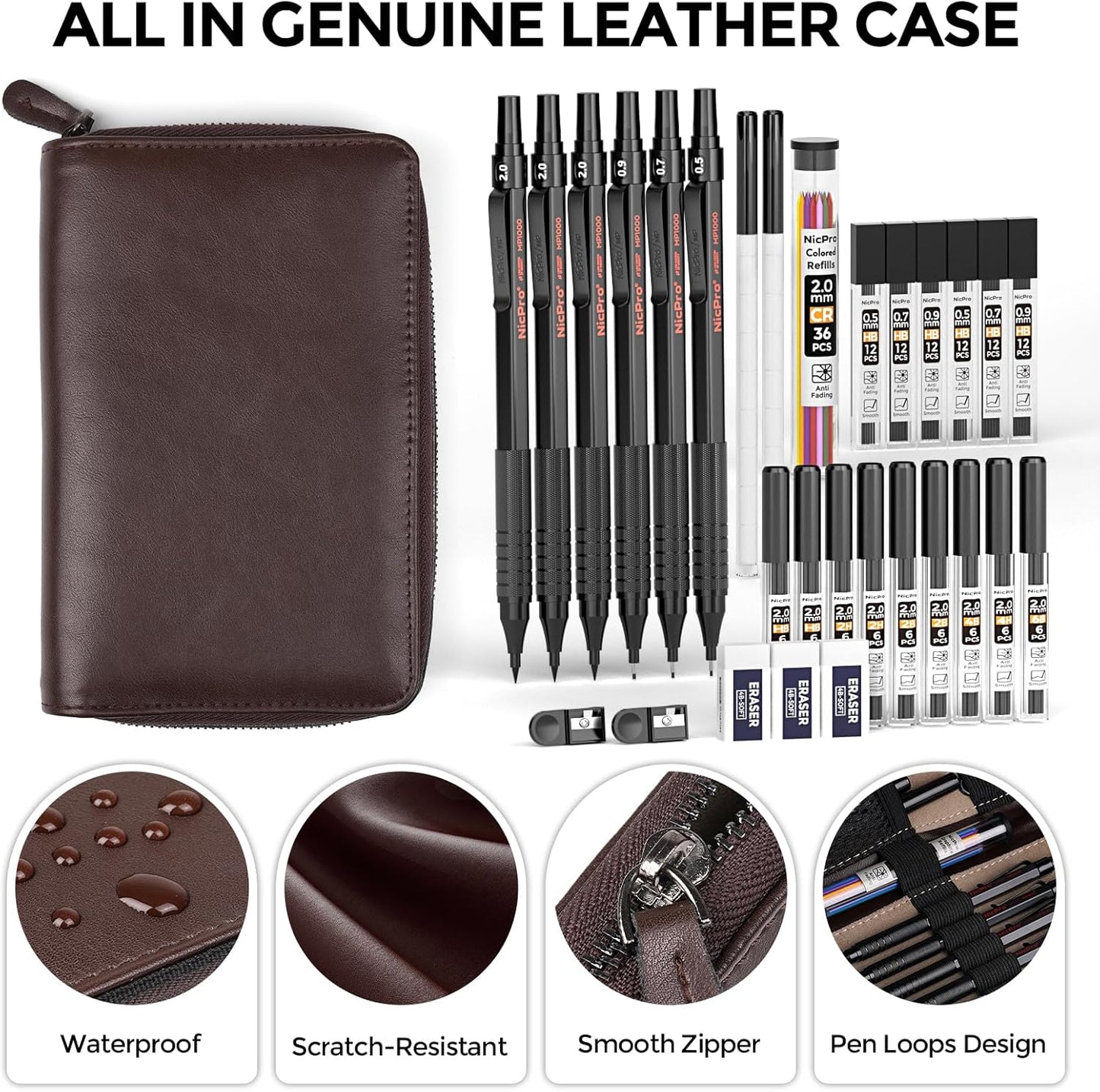 Nicpro 30PCS Black Metal Mechanical Pencil Set in Leather Case, Art Drafting Pencil 0.5, 0.7, 0.9 mm, 2mm Lead Pencil Holders for Sketching Drawing With 16 Tube (6B 4B 2B HB 2H 4H Colors)Lead Refills