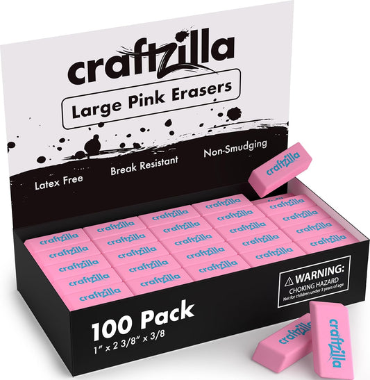 Pink Erasers Bulk 100 Pack - Large Latex- Free Bulk Erasers for Kids, Classroom, and School Supplies - Ideal for Pencils and Drawing - Teacher Supplies - Borradores Escolares