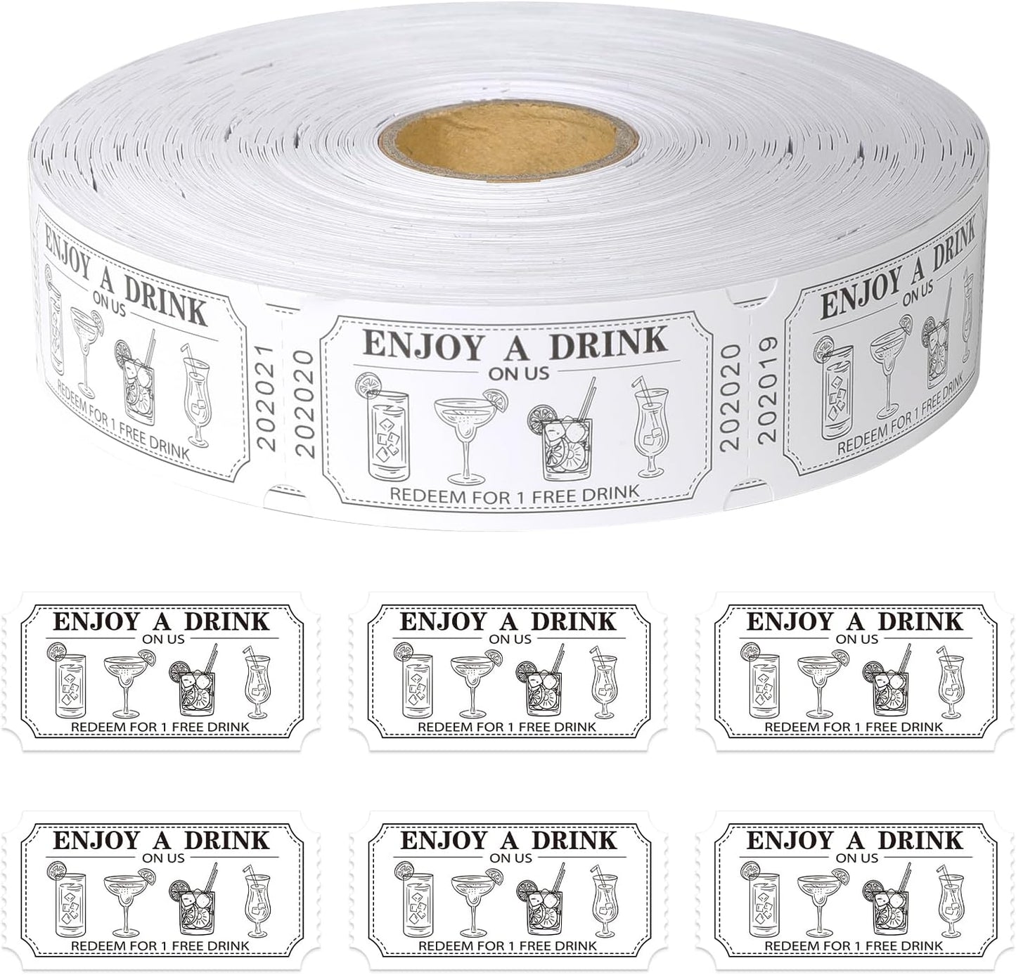 1000 Pcs Drink Ticket Single Raffle Tickets Roll Cocktail Design Free Drink Ticket for Events Wedding Work Formal Parties Leisure Class Reward