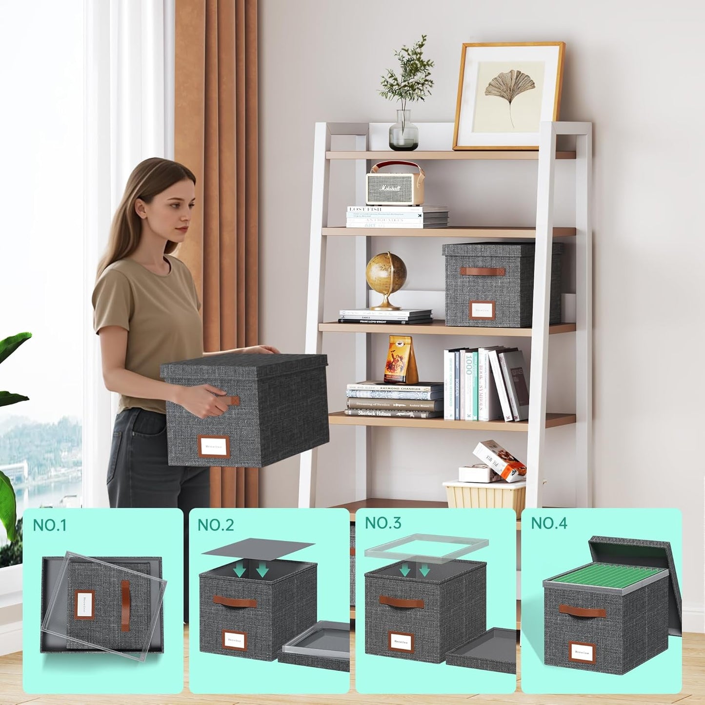 File Box for Hanging, File Organizer Box with Lid Decorative File Folders Letter Size Organizer with One-Piece Integrated Plastic Slide Rail (Grey, 13.2x10.1x10.1inch(3pack))