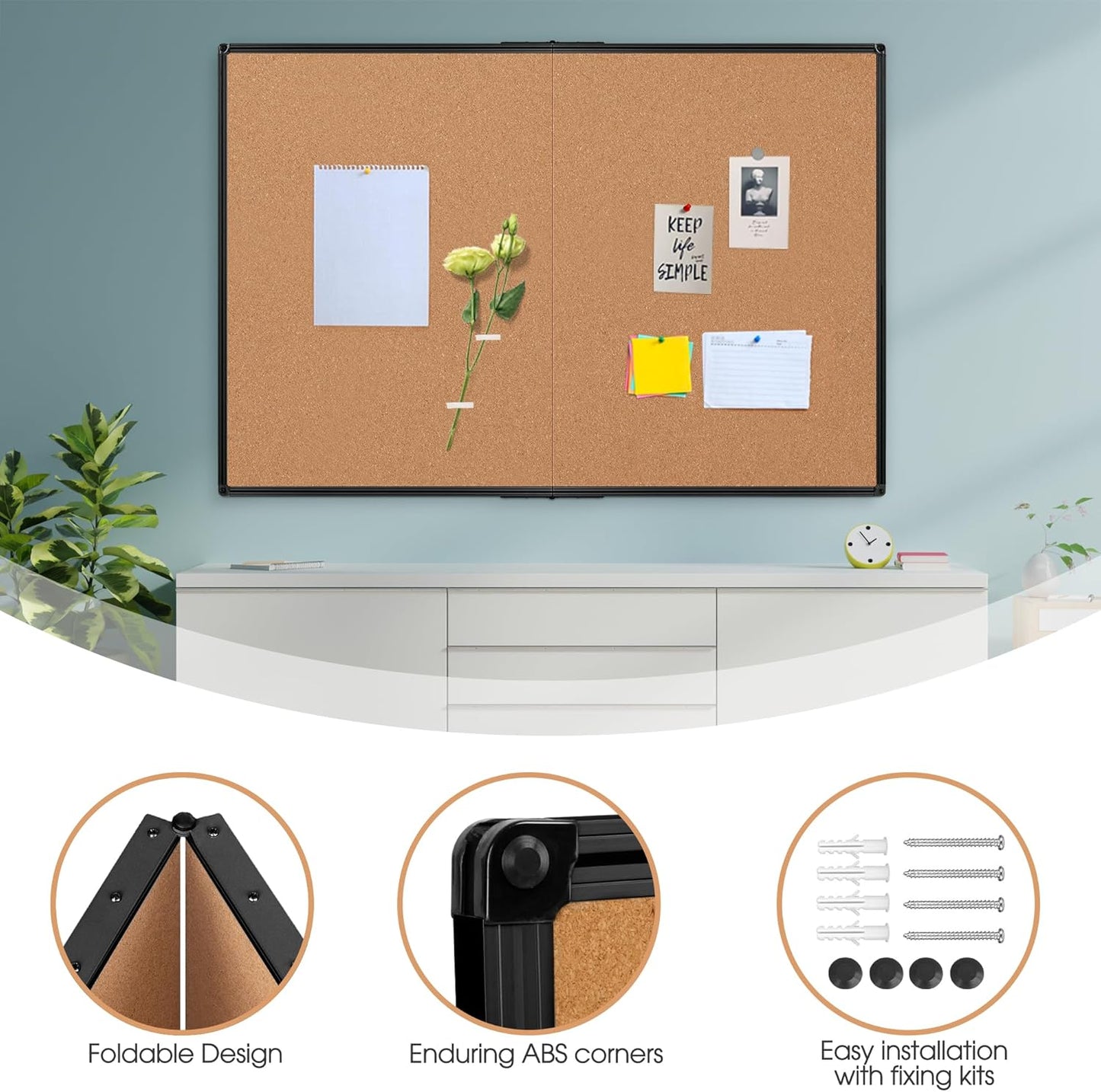 Board2by Extra Large Cork Bulletin Board 60" X 48", Foldable Notice Pin Board for Wall, Black Aluminum Framed 5'x4' Corkboard, Wall Mounted Noticeboard with 36 Push Pins for School, Home & Office