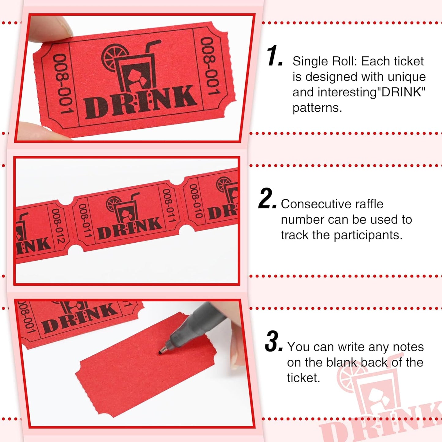 ESSENTIAL 1000 Raffle Tickets Rolls, Drink Tickets Single Roll for Events, Leisure, Movie Watching, Entertainment, Class Reward & Prizes (Red - 5 Color Selection)