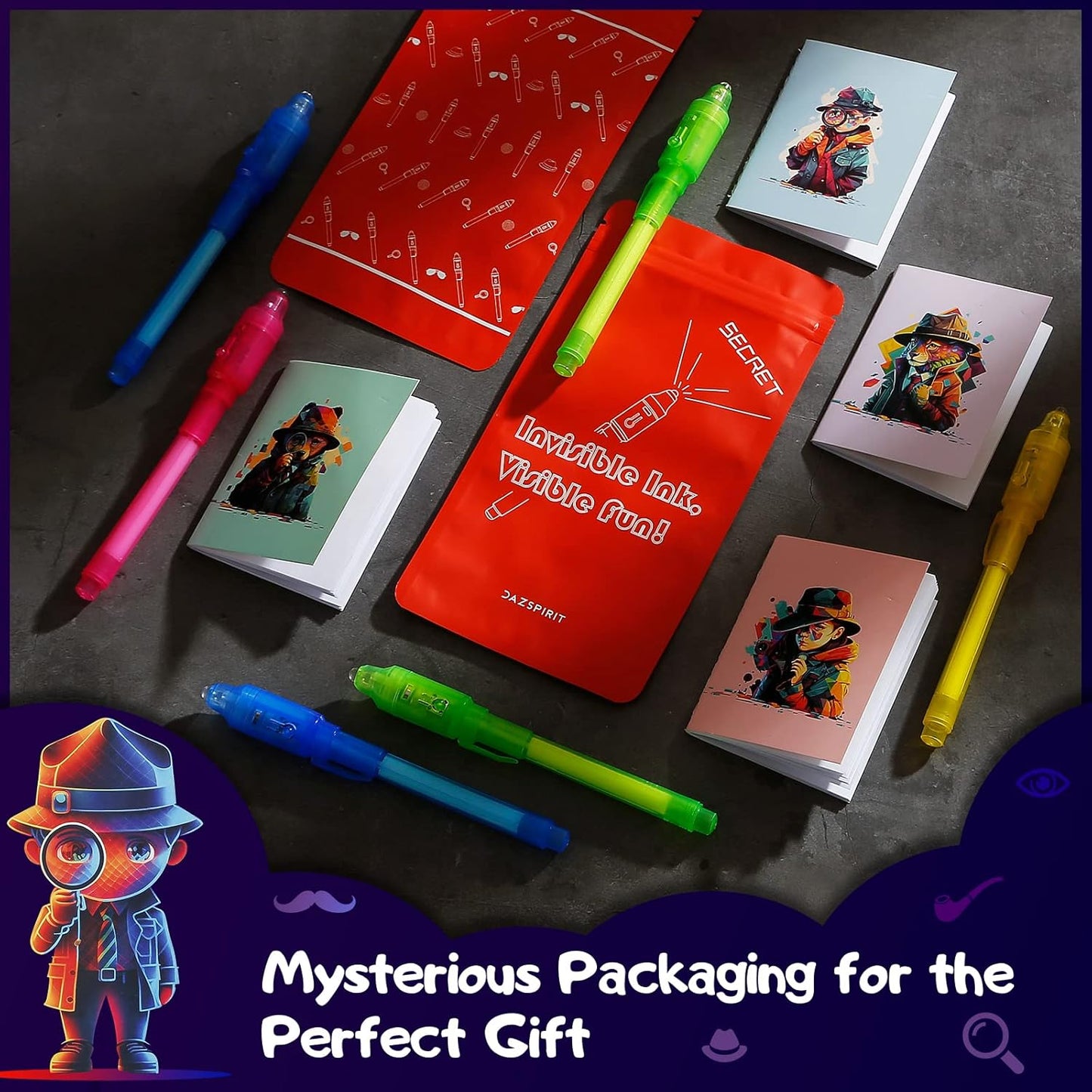 16Pcs Invisible Ink Pen Set with UV Light, Mini Notepads & Favor Bags, Spy Pens for Kids, Top Secret Message Magic Markers, Disappearing Ink, Detective & Escape Room Themes