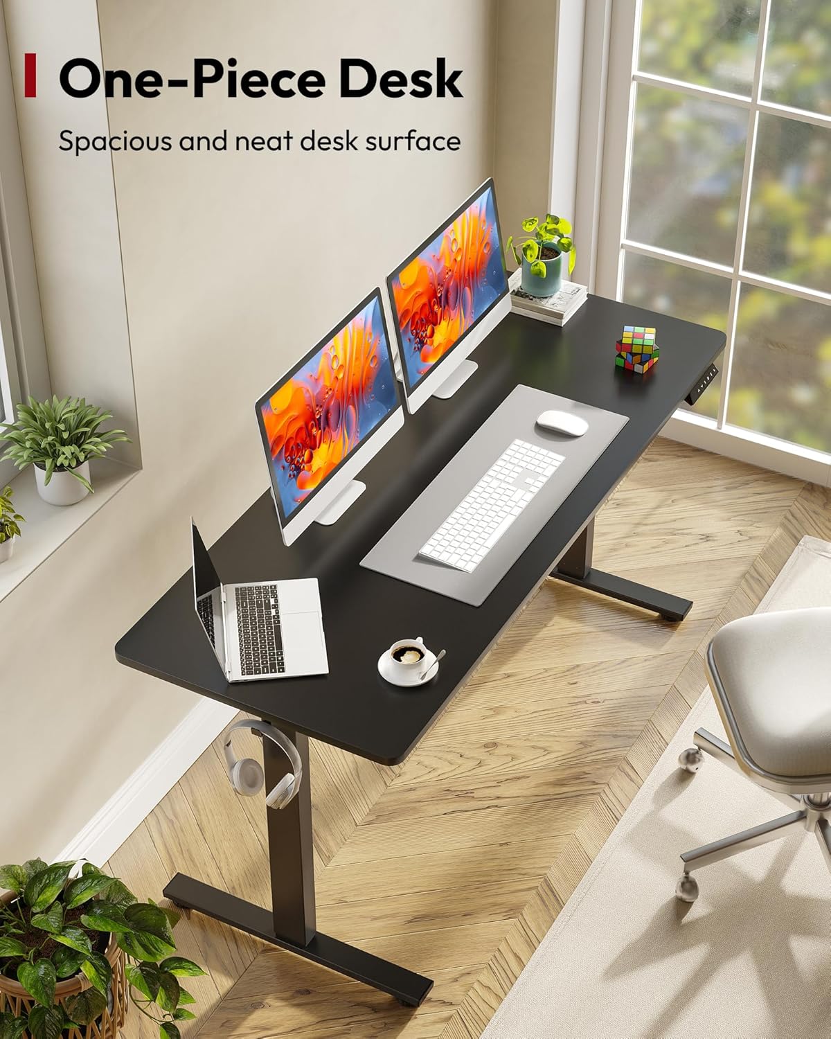 SANODESK Electric Standing Desk 60 x 24 Inches Whole-Piece Desktop Height Adjustable Stand Up Desk w/6-Button Controller Ergonomic Computer Desk for Home Office, Black Frame + Black Tabletop