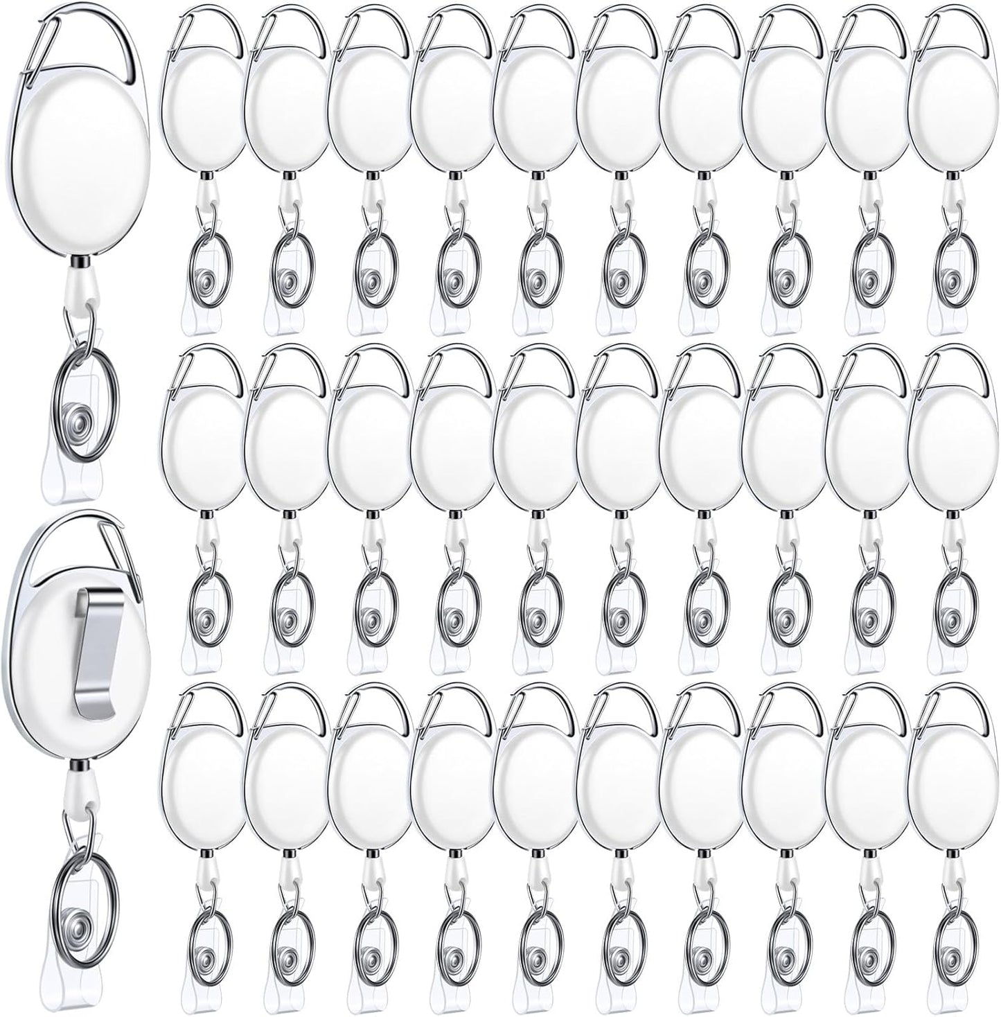 Honoson 30 Pcs Heavy Duty Retractable Badge Reels Batch ID Badge Holder Retractable Clip Bulk Key Holder with Ring for Office Worker Employee, Doctor Nurse Gifts (White)
