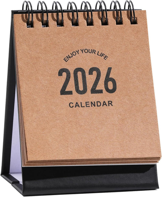Mini Desk Calendar 2025-2026- Small Desktop Calendar July 2025 to Dec 2026, Mini Daily Schedule Thick Paper Twin-Wire Binding with Stickers for Home Office School (Kraft paper color)