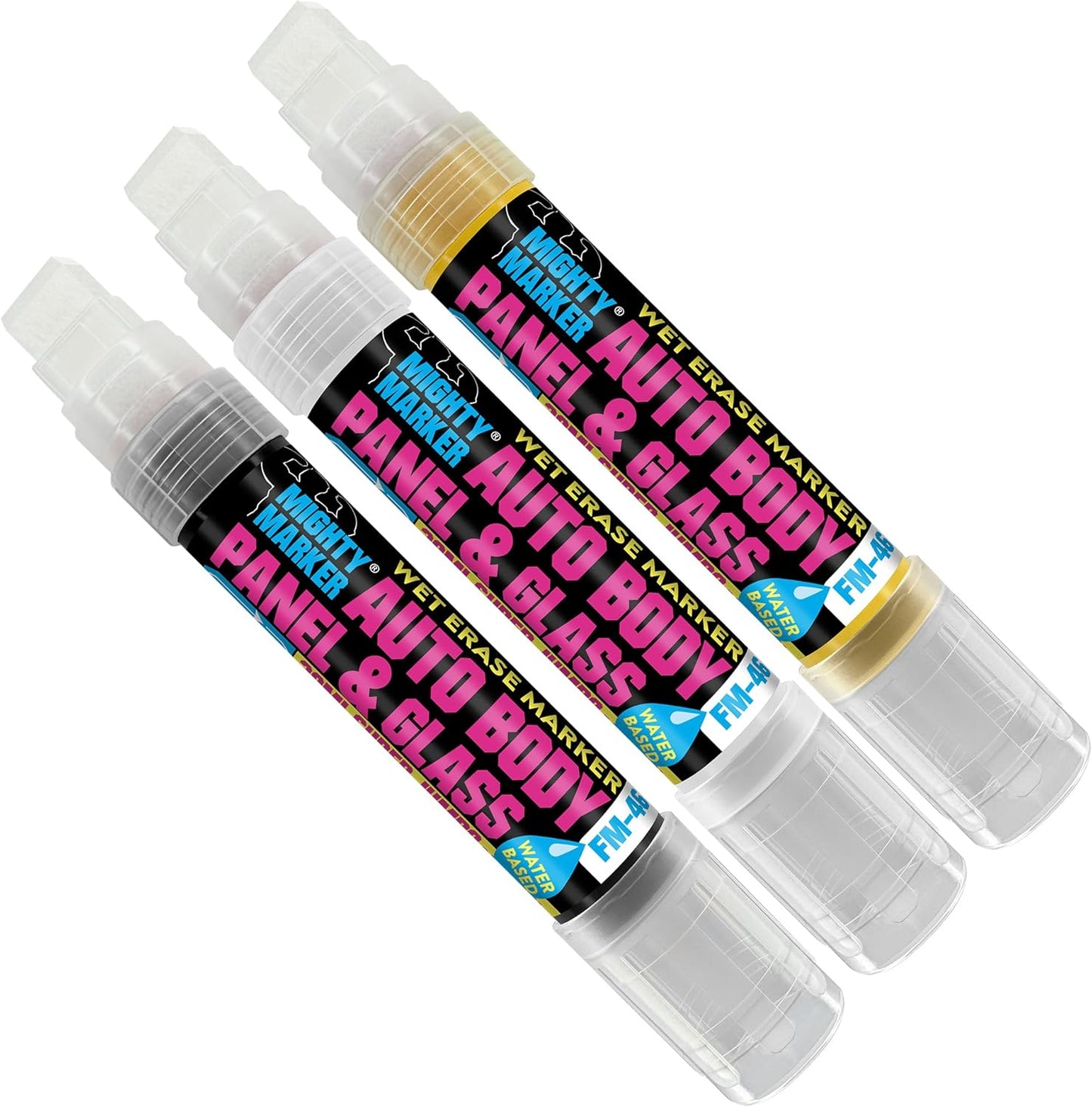 FM-46 Auto Body and Glass Super Jumbo Paint Marker, No-Ghost Formula, Water-Resistant, Valve Action, Removable, Water-Based, 30ml Capacity, Made in USA, Assorted 3 Pack