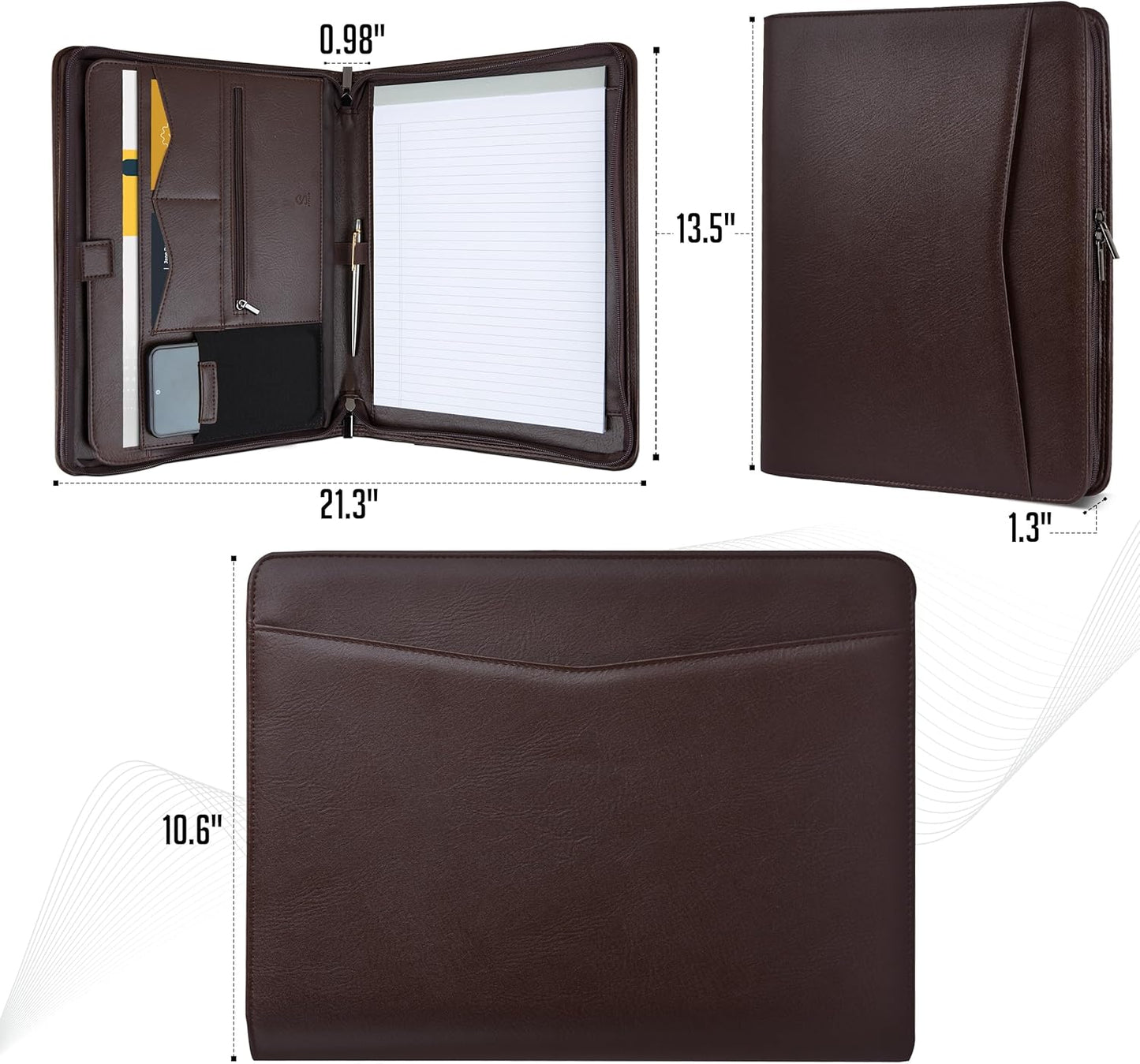 STYLIO Zipper Padfolio Portfolio Binder Organizer (Walnut Color) | Faux Leather Portfolio for Resume, Documents, Phone, Tablet, Business Supplies and Cards | Letter Sized Notepad Included | Brown