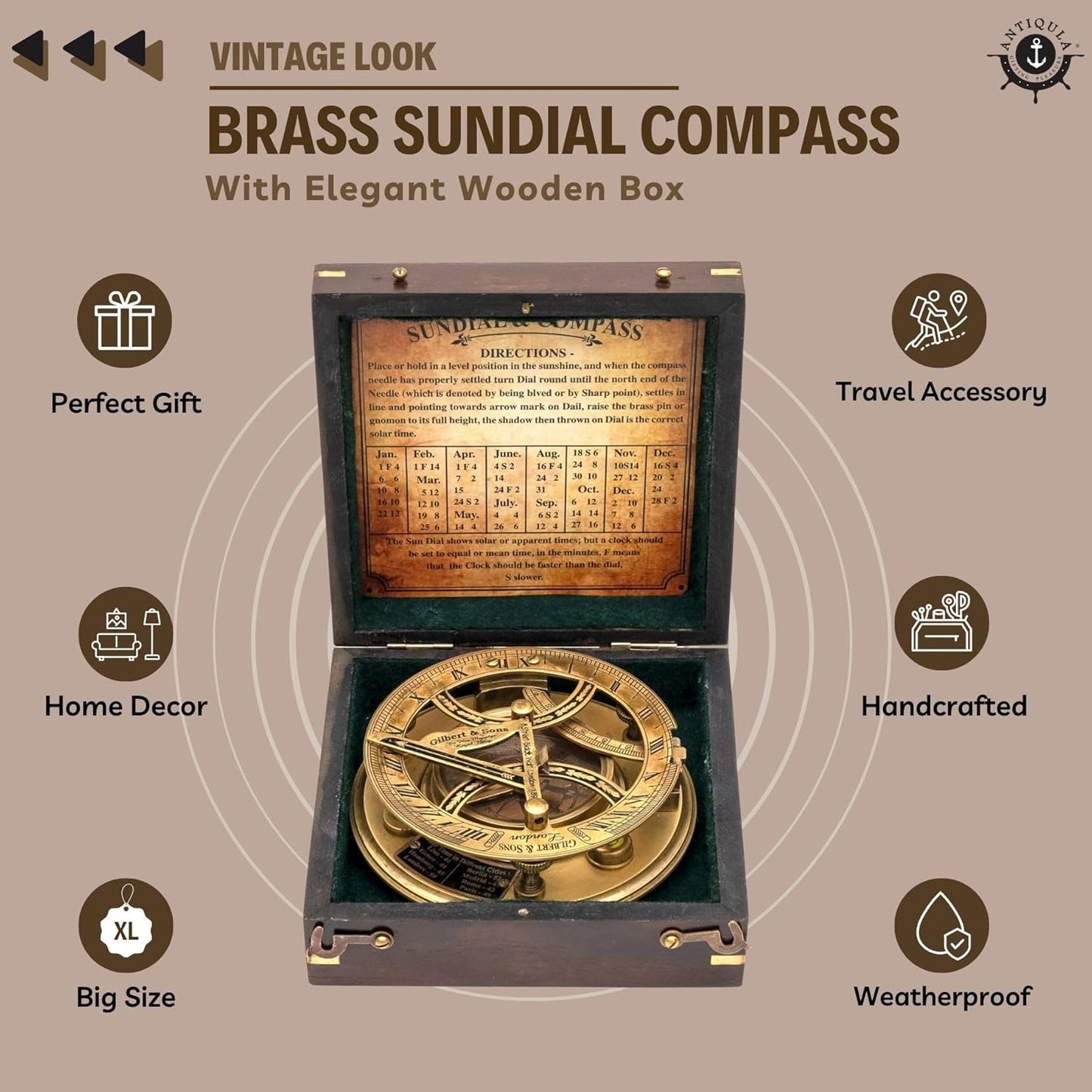 Antique Look Brass Vintage Sundial Compass with Wooden Box, Fully Functional Nautical Home Decor Ship Navigation Sailor Sundial Clock, Gift Item J.H.Steward Ltd. Strand London with Chart
