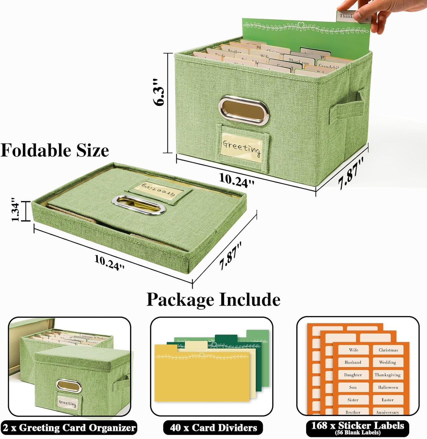 Vienrose Greeting Card Organizer 2 Pack, Storage Box with 40 Adjustable Dividers, Foldable Organizer Box Holds over 150 Cards, Storage Stickers Recipes Photos Envelopes Bills Vinyl Records, GrassGreen