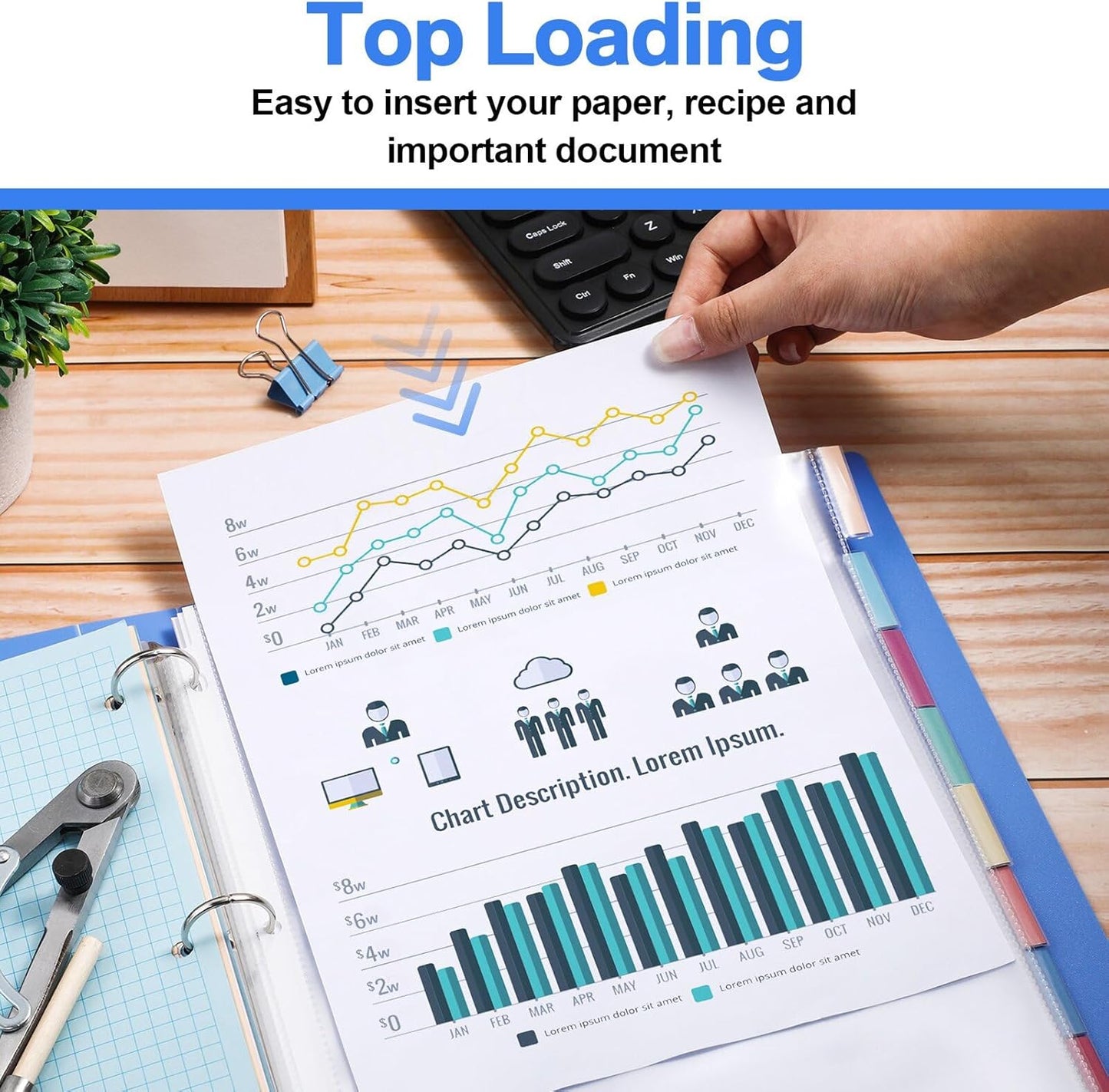 ReliThick 12 Set of 96 Pack Clear Sheet Protectors 8.5 x 11 Inch Page Protector for 3 Ring Binder with 8 Tabs Plastic Dividers for 3 Ring Binder, Insertable Index Page Divider Multicolor Tabs