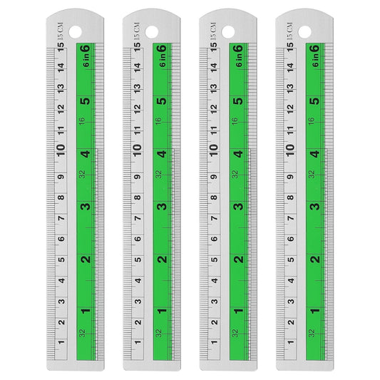 HARFINGTON 4pcs Metal Straight Ruler 15cm Metric SAE Aluminum Alloy Measuring Rulers Scale Tool with Hole for Measure Study Reading Classroom Office, Green