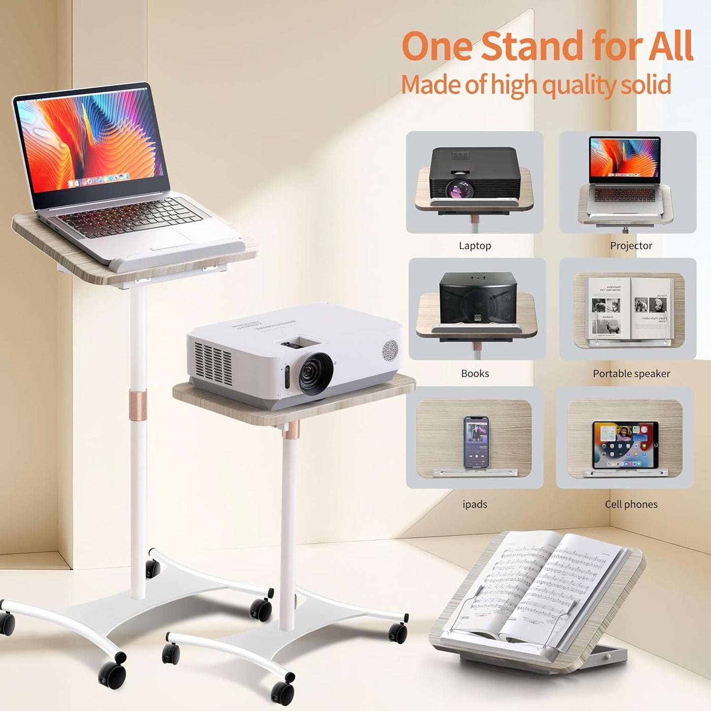 Rolling Laptop Floor Stand, Dual-Purpose for Desk & Floor, Adjustable Height from 16.5" to 51", with 4 Lockable Casters & Book Page Clips, Laptop Stand Ideal for Projectors, Books, Ipads (White)