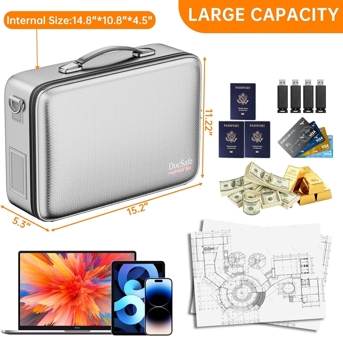 DocSafe Fireproof Document Box with Lock, Hard Case File Organizer with Accordion File Folder, Fireproof Water Resistant Safe Box Home Office Travel Storage for Important Documents Laptop Silver