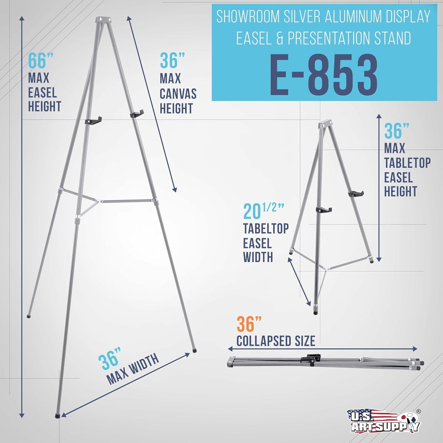 U.S. Art Supply 66" High Gallery Silver Metal Display Easel - Large Adjustable Height Portable Easel Stand, Sign Display, Holds 25 lbs - Floor & Tabletop Easels, Painting Stand