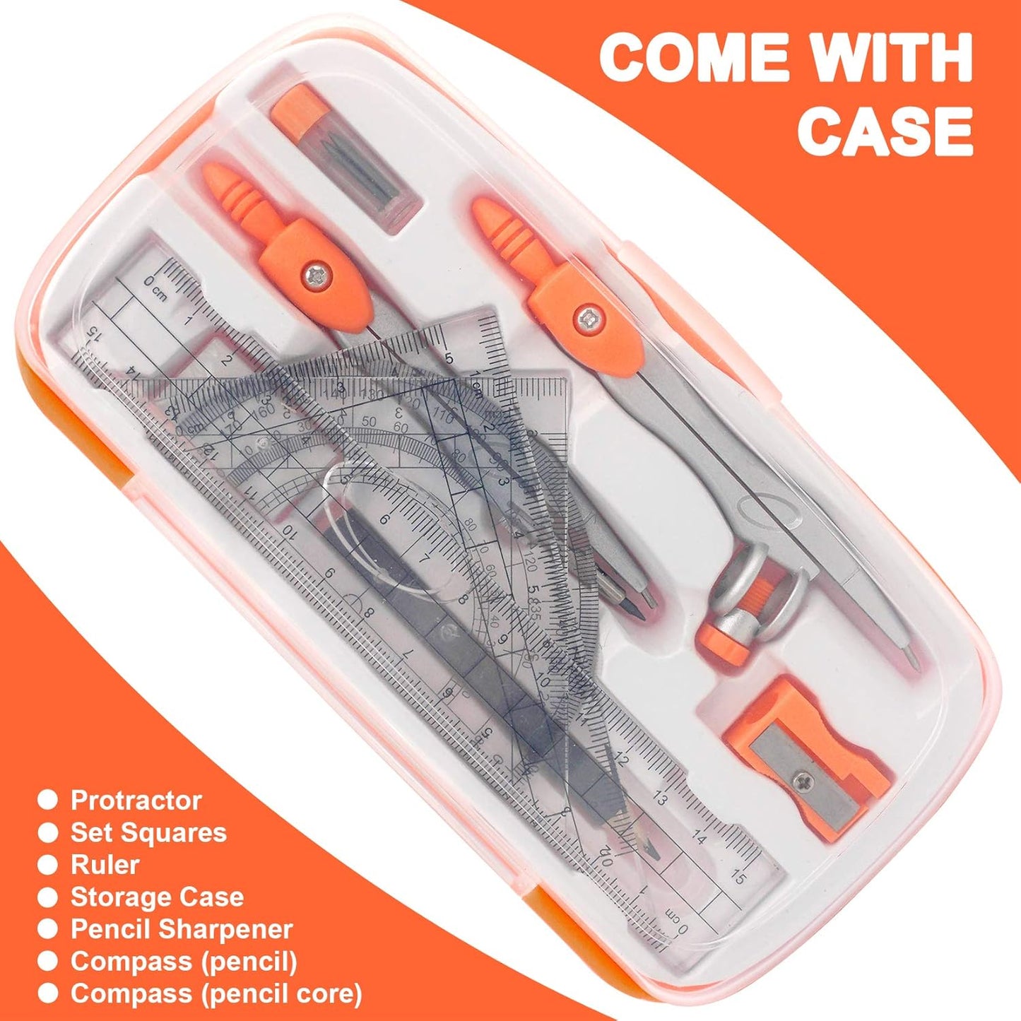 Geometry Compass Set 2 Drafting Compasses with Maths Protractor Set Squares Ruler and More for Students Starters Homework etc. Orange
