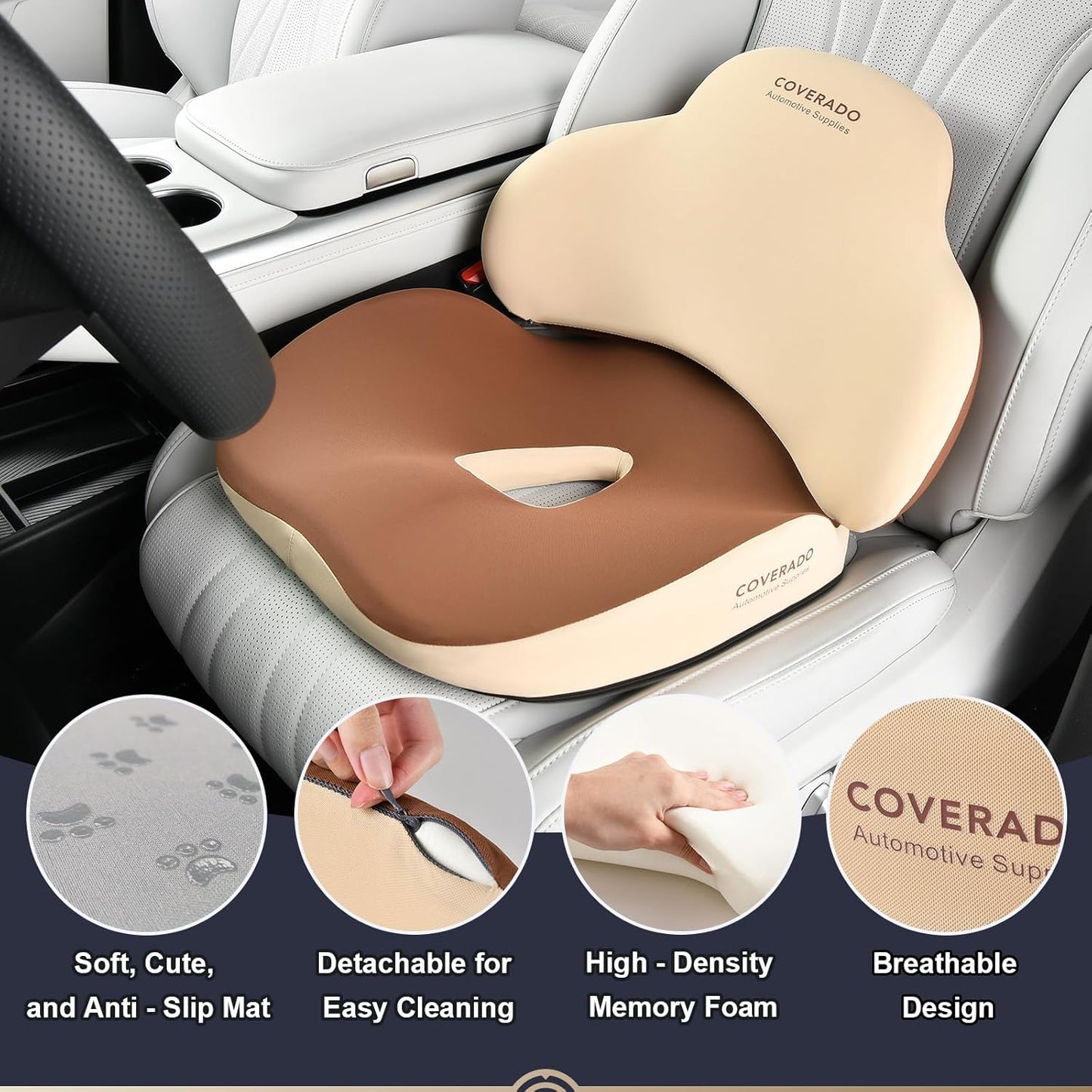 Coverado Seat Cushion and Lumbar Support Pillow for Car Office Chair, Ergonomic Memory Foam Desk Chair Cushion Back Support Pillow, Sciatica & Back & Tailbone Pain Relief Cushion-Beige