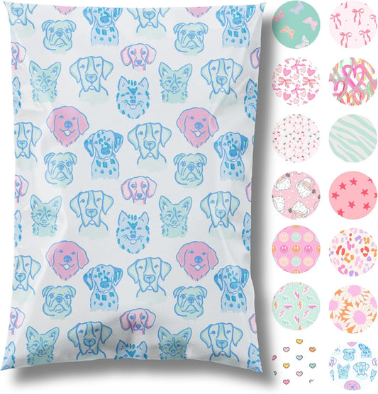 14.5x19 Designer Poly Mailer 100 Pack Heavy Duty Waterproof Self Seal Shipping Bags for Small Business Large Mailing Envelopes Bulk Tear Resistant Packaging Pretty Pups Puppy Dogs