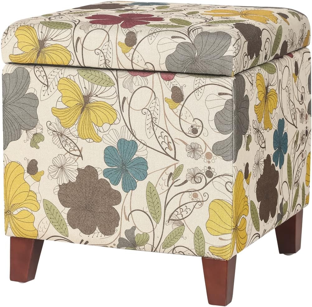 Adeco 18 Inch High Cube Ottoman Storage, Floral Printed Linen Chair Foot Stools, Upholstered Vanity Stool with Hinged Lid, Solid Wood Legs