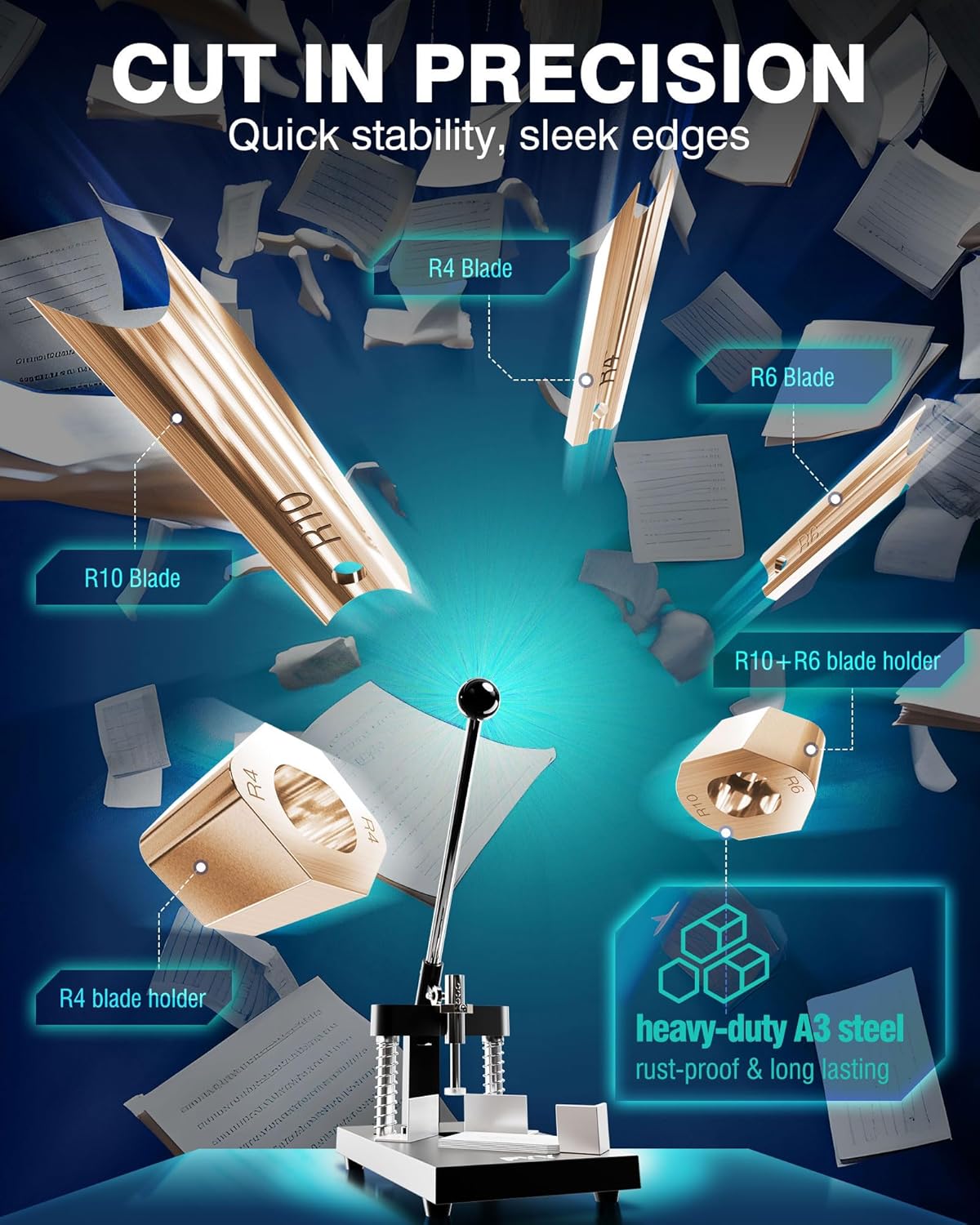 PYY Corner Rounder Punch Cutter - Round Edge Paper Cardstock Laminate Business Card Photo Crafting Tool Machine | 3 Dies R4mm R6mm R10mm Blades | Max 30mm/1.2" Cutting Thickness | Heavy Duty A3 Steel