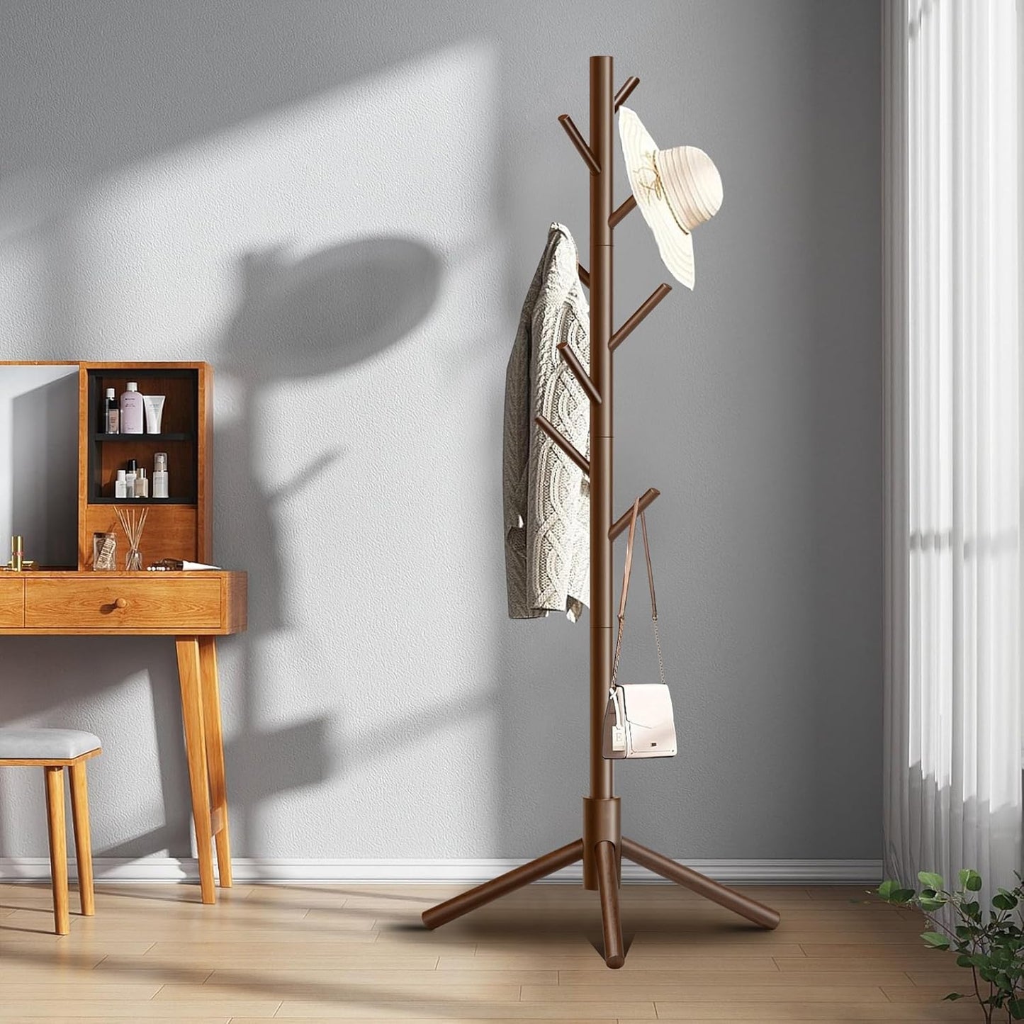 Wooden Coat Rack, Free Standing Coat Rack with 8 Hooks 3 Adjustable Heights for Clothes, Hats, Handbags, Coat Tree Easy Assembly for Entryway, Bedroom, Hallway, Office (New Brown)
