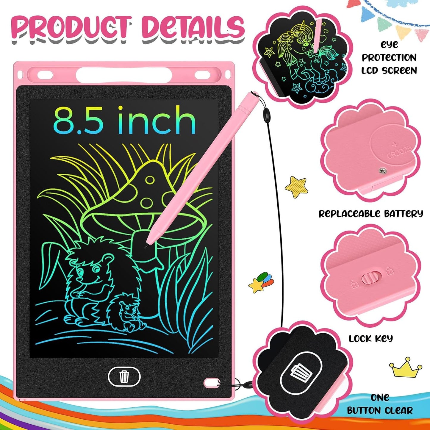 Zhehao 24 Pieces LCD Writing Tablet Doodle Board 8.5 Inch Colorful Reusable Screen Board Pad Reusable Drawing Writing Learning Educational Pad Toys for Girls Boys 8-10 3-10(Simple Round Style)